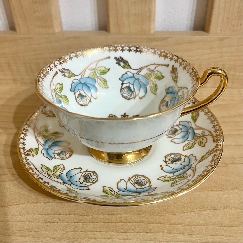 ROYAL GRAFTON Blue Gold Floral Fine Bone China Teacup and Saucer Set